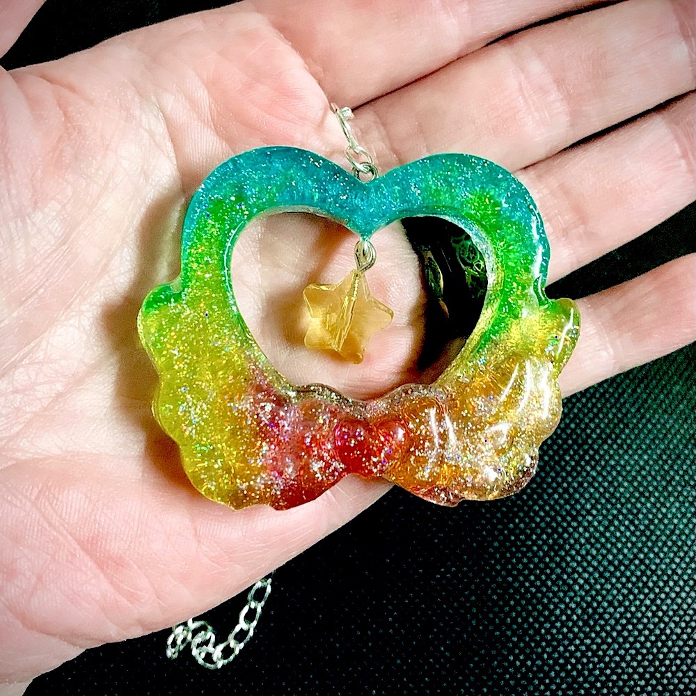 Sparkling Rainbow Heart Frame Necklace, Handmade on 18.5” Silver Chain